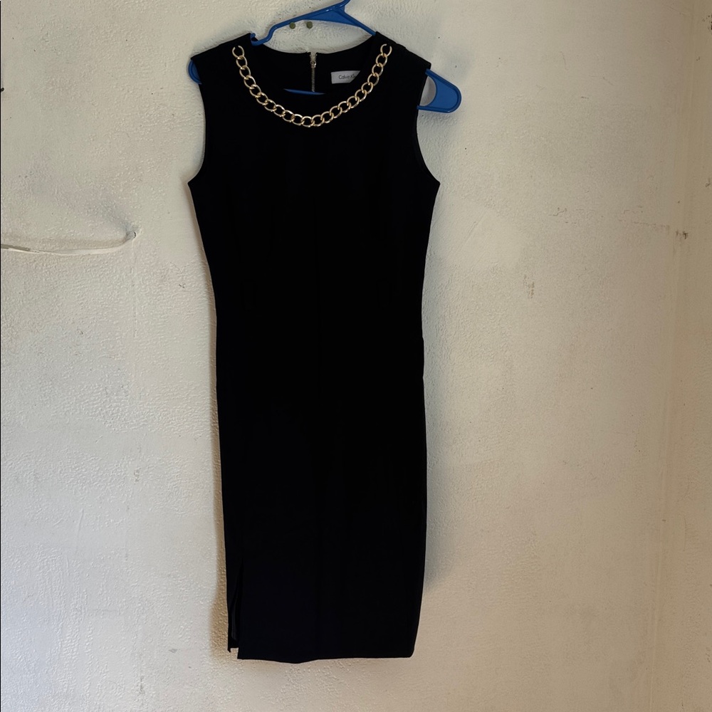 Calvin Klein Black Dress with Gold Chain Detail (no belt) size 2 pre-owned